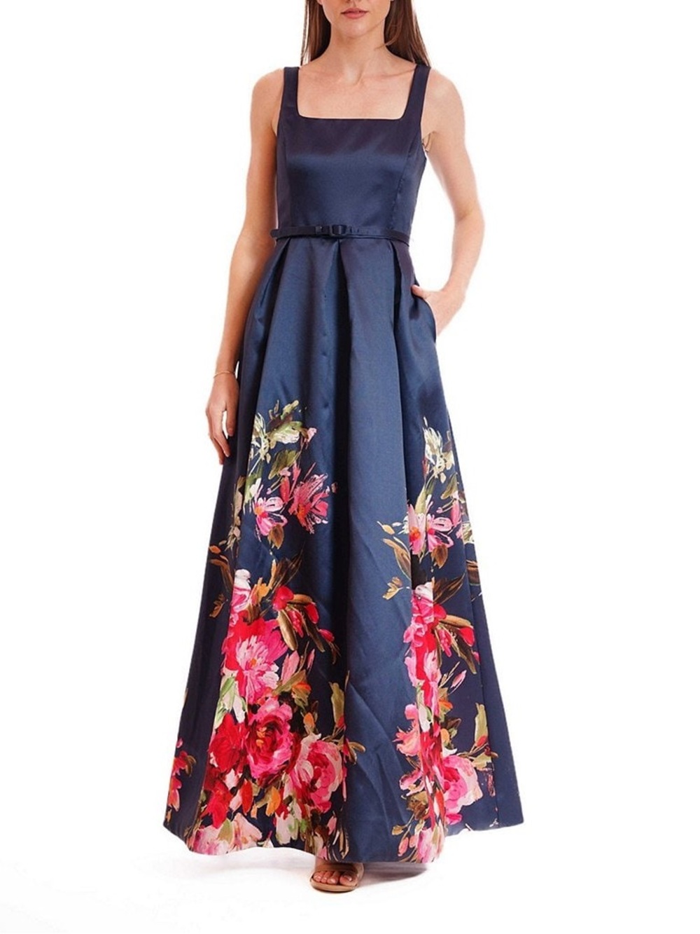 Julian Jordan Navy Floral Satin Square-Neck Maxi Dress